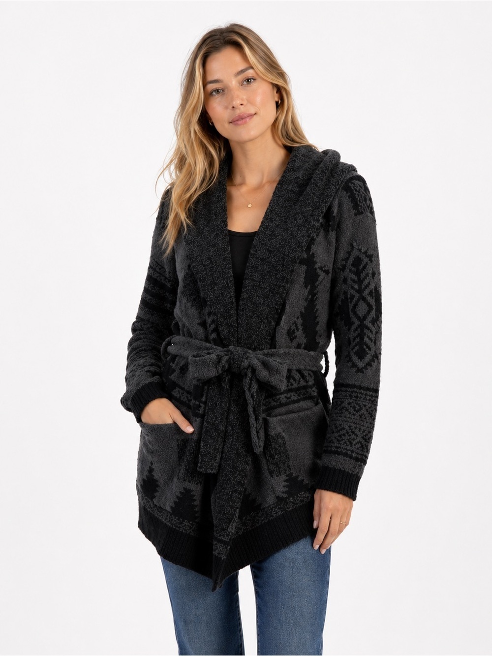 Barefoot Dreams CozyChic Belted Wrap Cardigan Gray Black Aztec Geometric M/L